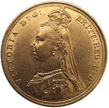 1889-S Queen Victoria Jubilee Head Gold Sovereign - DISH S11 - First Bust