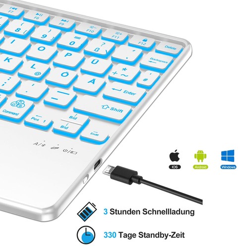 Beleuchtet QWERTZ Tastatur Maus Kabellos für Handy Tablet PC iPad iOS Android DE - Bild 38 von 82