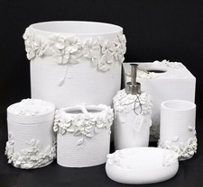 ENVOGUE 7 PC SET WHITE 3D FLOWERS,CRYSTAL TRASH CAN,DISPENSER,JAR,DISH,TISSUE+2