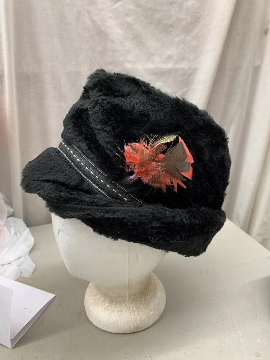 Vintage Winter Black Furry Cap Hat Cossack Ambassador Russian Tiki Trapper Men