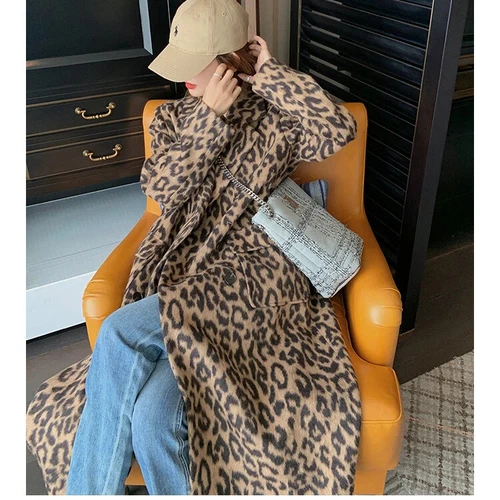 New Spring Women's Wool Coat with Leopard Print Loose Long Sleeved Fashion - Picture 11 of 24