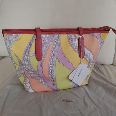 Emilio Pucci Psychedelic Pattern Handbag Tote Bag Women's Cream Yellow New