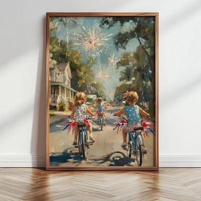 Vintage 4th of July Wall Art, American Flag Print, Children Ride Bicycles