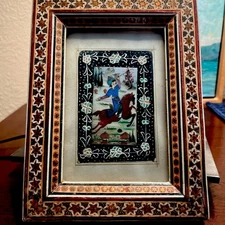 Vintage Khatam Kari Framed Persian Horse Rider. Wood Bone and Metal Mixed Medium