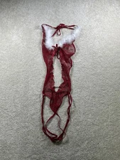 Avidlove Teddy Lingerie Womens XL Lace Marabou Trim Sheer One Piece Bow Holiday