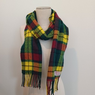 Ingles Buchan Wool Scarf Green Blue Tartan Plaid Fringe Made in Scotland 68''x9''