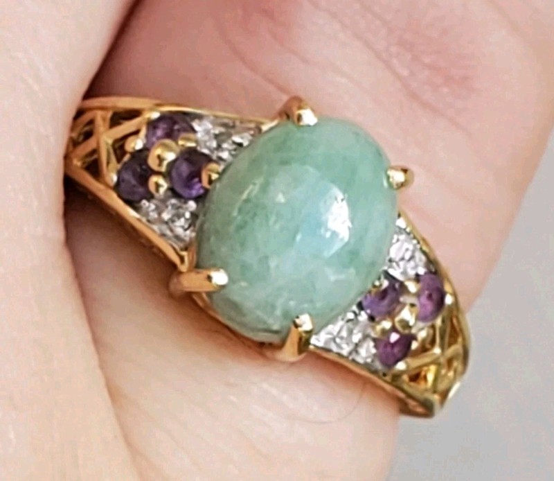 10kt Yellow Gold, Jade & Accents Ring (3.3g). Signed Pd, Size 7.25 (OGJ2281)