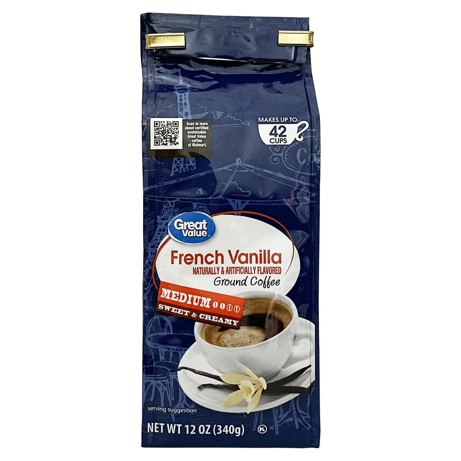 Great Value French Vanilla Medium Roast Ground Coffee, 12 oz, Bag FREESHIPPING