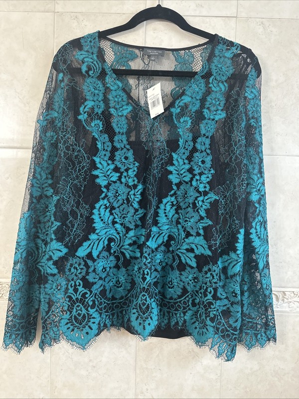 THE LIMITED Black/Deep Lake Turquoise Lace Top over Black Cami - Size L *NEW*