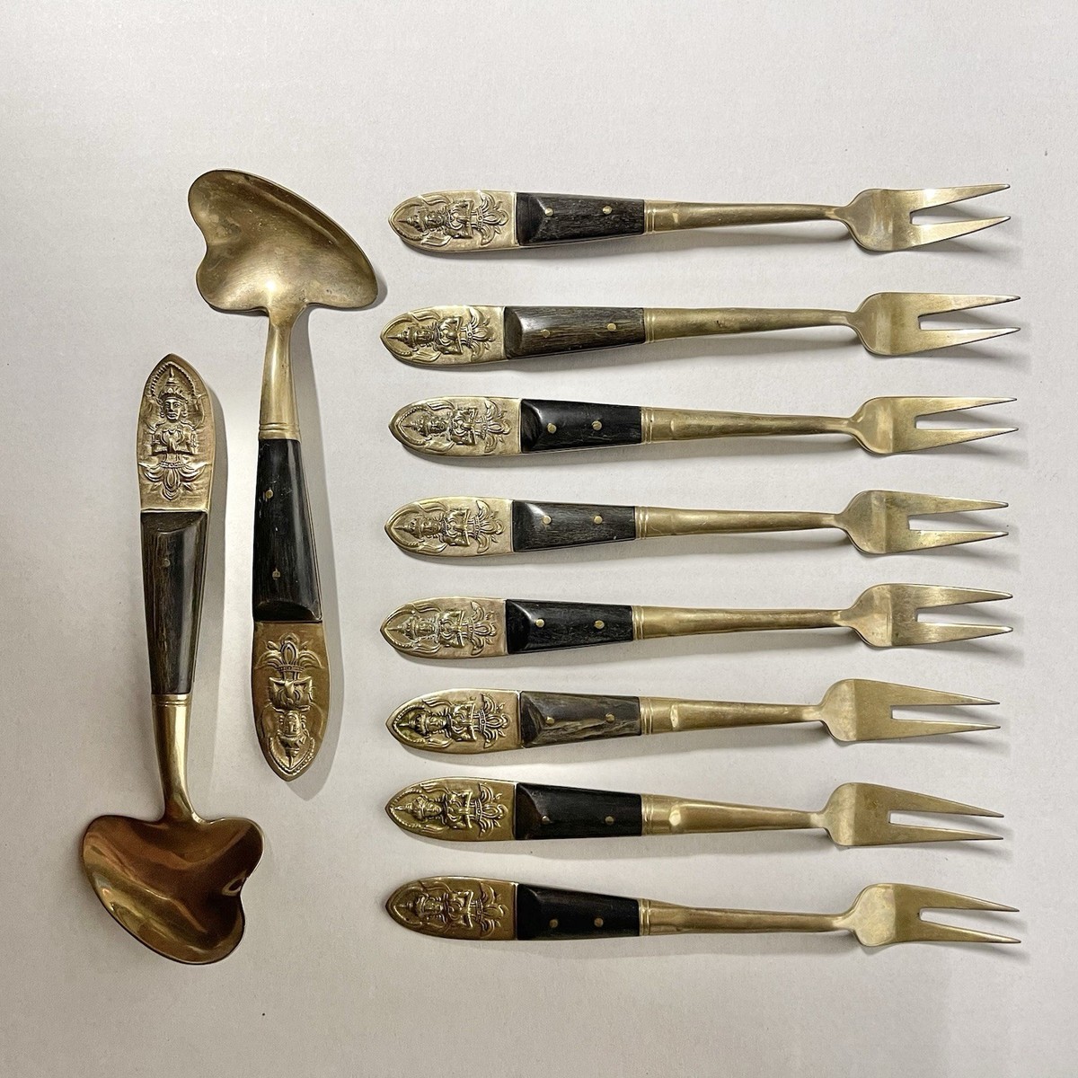 1950's Siam Buddha Flatware Set | Bronze Brass 8 Shrimp Forks 2