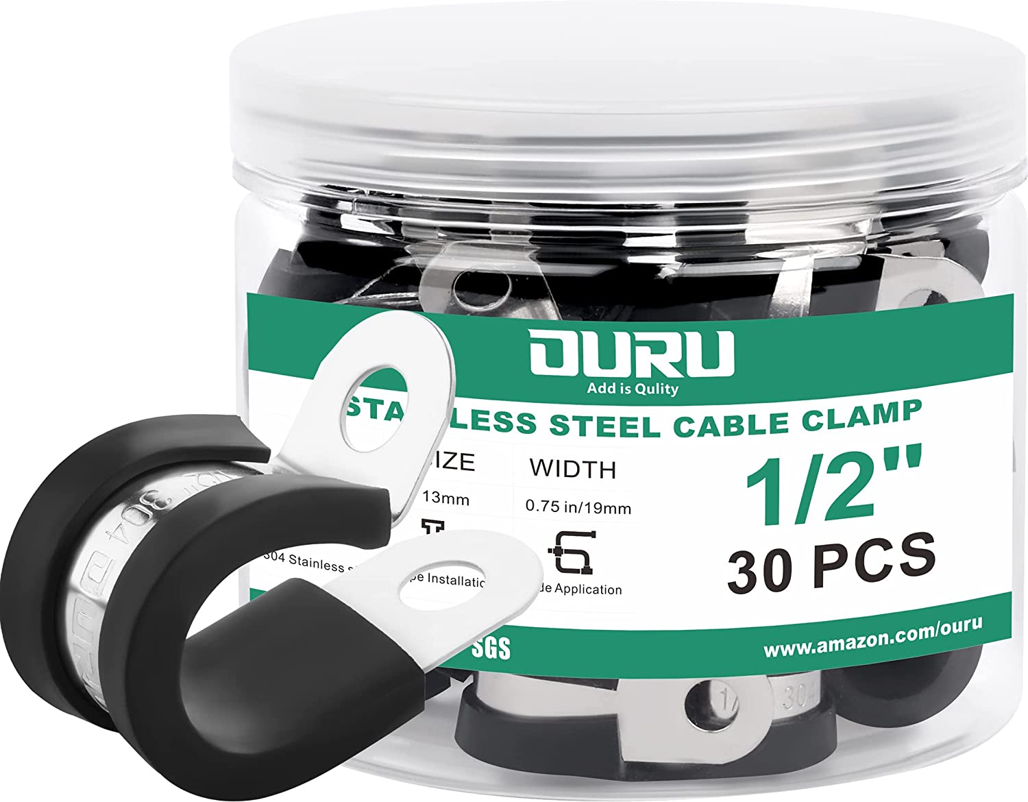 1/2-Inch Stainless Steel Rubber Coated Pipe & Wire Clamps (30Pcs, Black, 13Mm)
