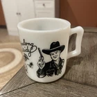Vintage 1950s Hazel Atlas Black Hopalong Cassidy Childs White Milk Glass Mug Cup
