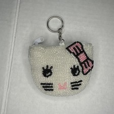 HELLO KITTY COIN PURSE WHITE Beaded Pink BOW ZIPPERED Rope Loop Keychain