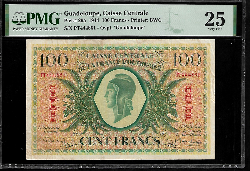Guadeloupe 100 Francs 1944 PMG 25 P#29a Overprint Guadeloupe, Series PT