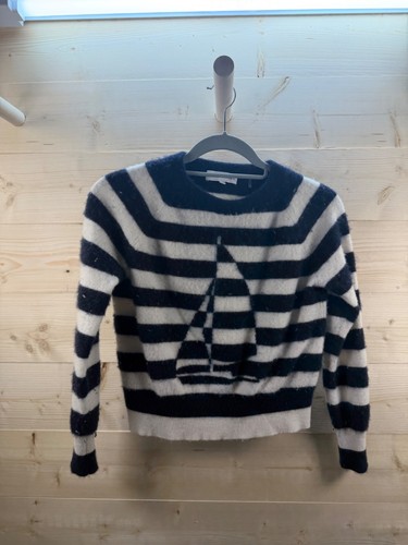 White + Warren Navy Ivory Striped 100% Cashmere Sweater Size S