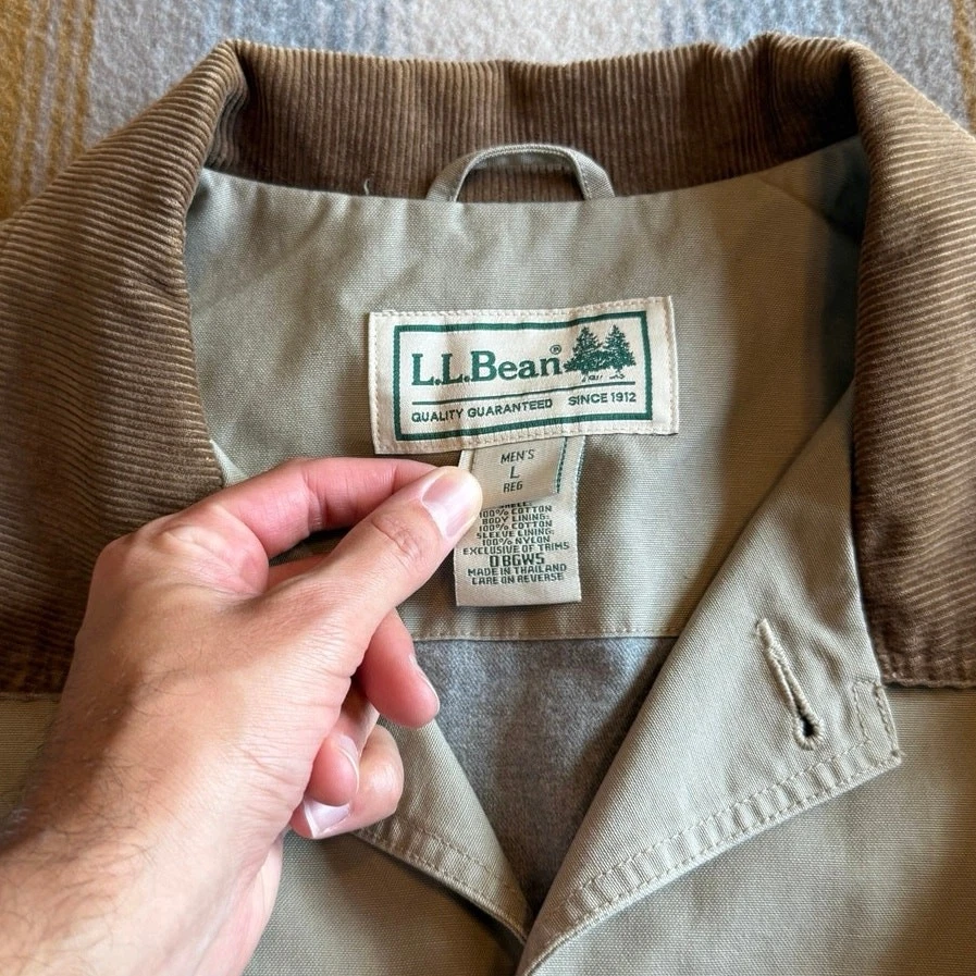 Vintage LL Bean Barn Jacket Mens Large Tan Canvas Chore Field Coat Corduroy Trim - Image 4 of 4