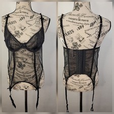 Adore Me Sheer Mesh Corset Bustier Top SZ M Garters Black Dark Fairy NWT
