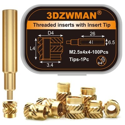 M2.5 Threaded Inserts for Plastic-100Pcs M2.5Xl4Xd4 with Heat Set Insert Tools-B