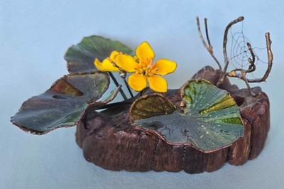Pristine Norman Brumm sculpture, spiderweb & marsh marigold, enamel w/ burl wood