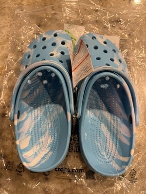 Crocs Classic Marbled Light Blue/White Tie-Dye Clogs Size 9W/11W NEVER TRIED ON!