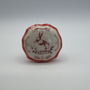 Anthropologie Ceramic Bunny Drawer Knob Red White Scalloped Pull
