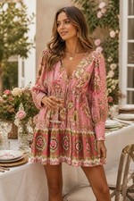 Farm Rio Aura Peasant Dress Womens Size S Pink Floral Cotton Beaded Tassels Boho