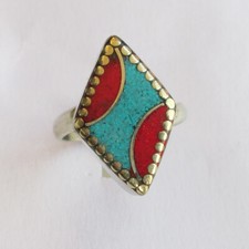 Tibetan Silver Turquoise Red Coral Original Jewelry Adjustable Unisex Ring R47