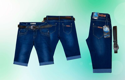 Damen Jeans Capri Hose Caprijeans Normalsitzend Blau Gürtel -40 42    -