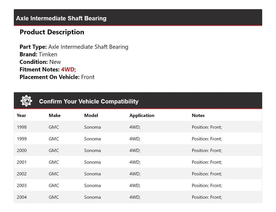 For 1998-2004 GMC Sonoma 4WD Axle Intermediate Shaft Bearing Front Timken 1999 - Image 2 of 4