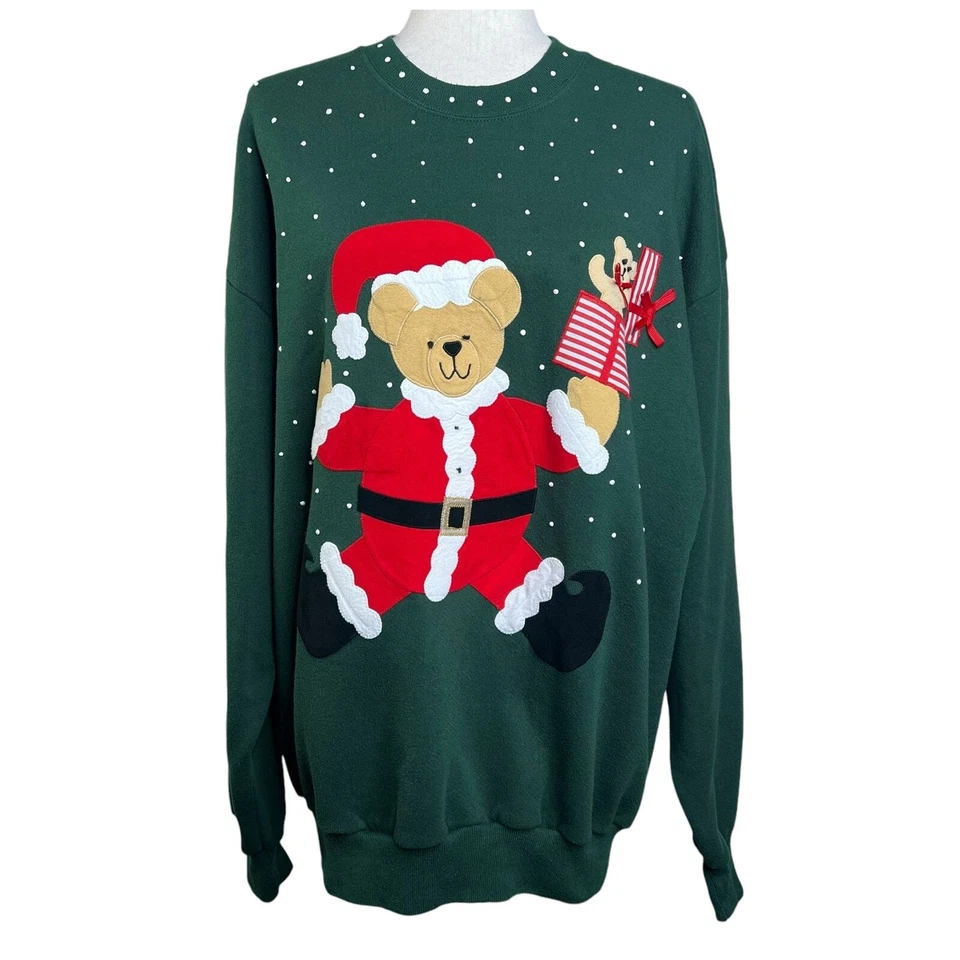 Sudadera Vintage Jerzees Talla XL Verde Oso de Peluche Navidad Cuello Redondo Foto 4 de 4