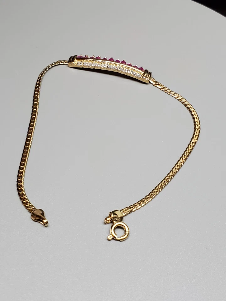 Brazalete de cadena de diamantes y rubíes de plata de ley maciza de 18 quilates de 7,8" Foto 3 de 4