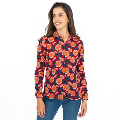 Seasalt Womens Larissa Shirt Red Daisies Floral Button-Up Cotton Long Sleeve