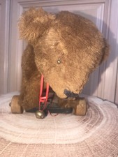 Vintage Chocolate Brown Stuffed Bear Pull Toy on Wheels, Possibly Steiff