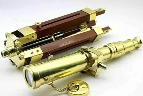 Antique Brass Vintage Telescope With Wooden Tripod Stand Telescope. - Image 4 of 4
