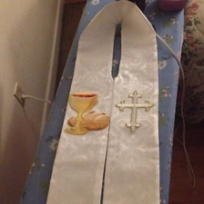 White Satin Brocade Clergy stole Communion Bread and Cup Liturgical