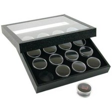 16 Gem Jars Black Display Tray Travel Case Acrylic Lid