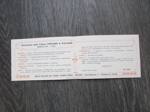 Vettura Chenard & Walcker Torpedo 12 HP Modello 1911 Original Car Brochure - Picture 2 of 14