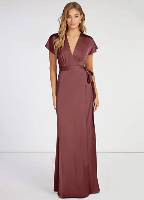 acai colored bridesmaid dresses Women's AZAZIE NICO Satin A-Line V-Neck Stretch Satin Floor-Length Dress 4 Color:Dusk