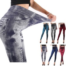 Women High Waist Jeggings Denim Print Leggings Fake Jeans Trouser Skinny Pants