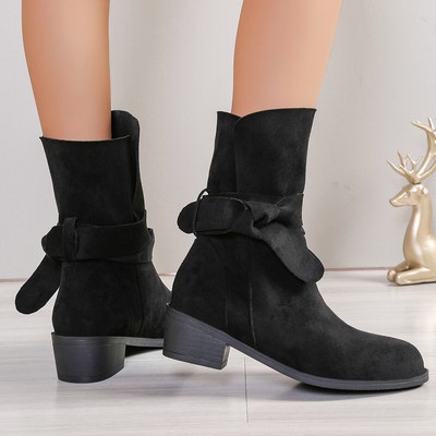 Womens Chelsea Ankle Boots Ladies Faux Suede Low Mid Block Heel Shoes Plus Size