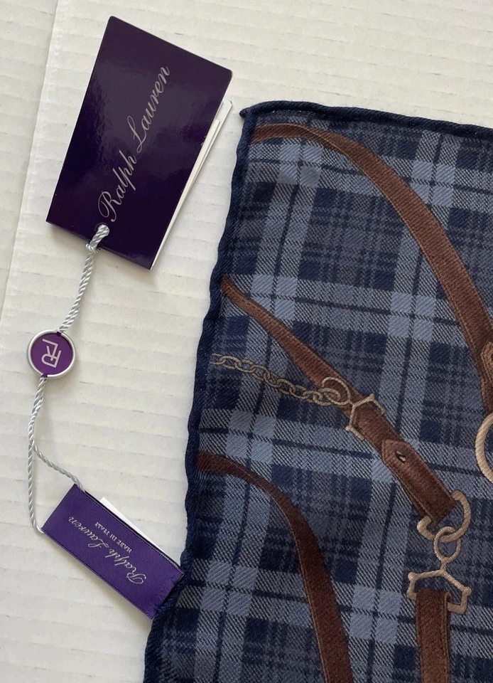 NUEVO CON ETIQUETAS RALPH LAUREN ETIQUETA PÚRPURA Cuadrado de Bolsillo Ecuestre Cachemira/Seda 14” Italia Foto 2 de 4