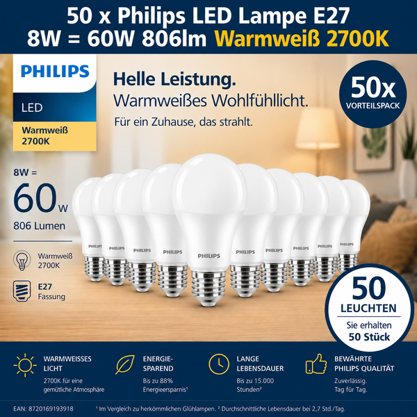 50 X Philips LED Lampe E27 8W = 60W 806Lm Warmweiß 2700K NEU OVP-image