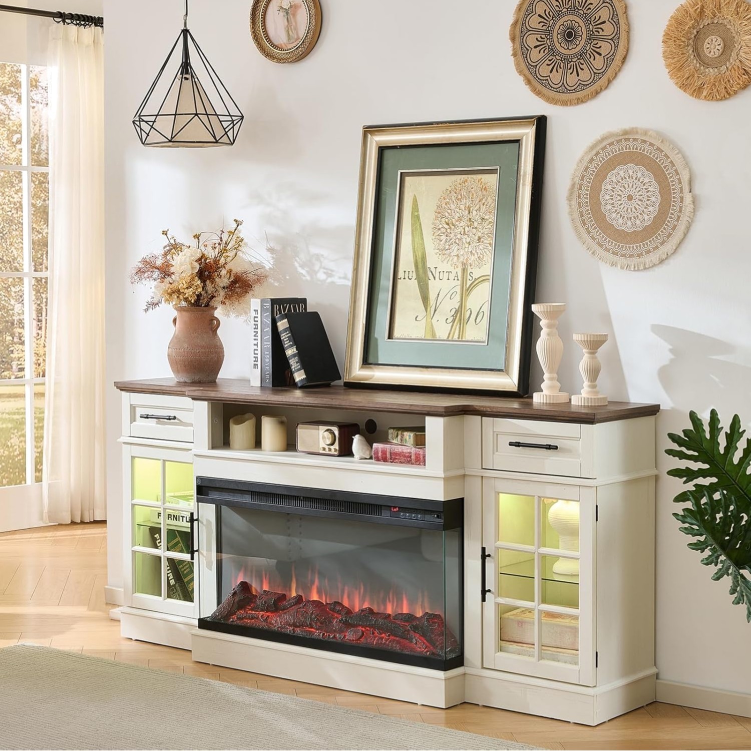 70 Inch TV Stand Entertainment Center Fireplace with Glass Doors and Drawers
