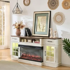 70 Inch TV Stand Entertainment Center Fireplace with Glass Doors and Drawers