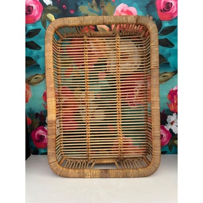 Vintage Rattan Bamboo Slatted Serving Tray Rectangular Boho Woven Basket Decor