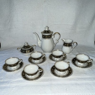1940s Mitterteich Tea Set Black/Gold Trim Vintage Bavaria 15 Piece Set Antique