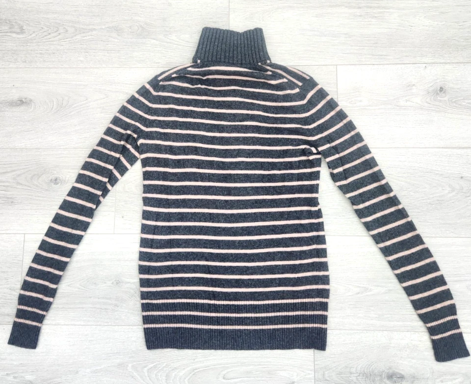 Suéter Tory Burch XS para mujer gris beige a rayas lana cachemir botón cuello falso Foto 4 de 4