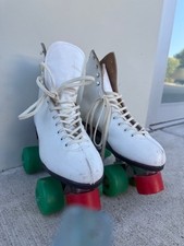 Dominion Canada White Leather Green Wheels Ladies Sz 8 Roller Skates Vintage
