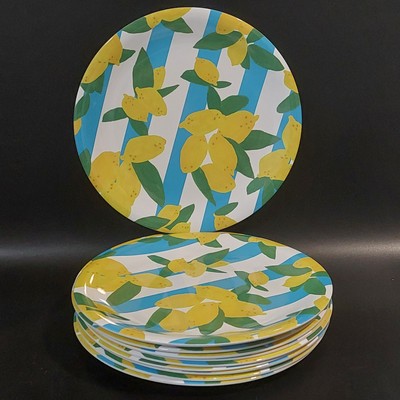 LEMON H for Happy  Set of 12 Lemon w/Stripe 10.5'' Melamine Dinner Plates NEW 