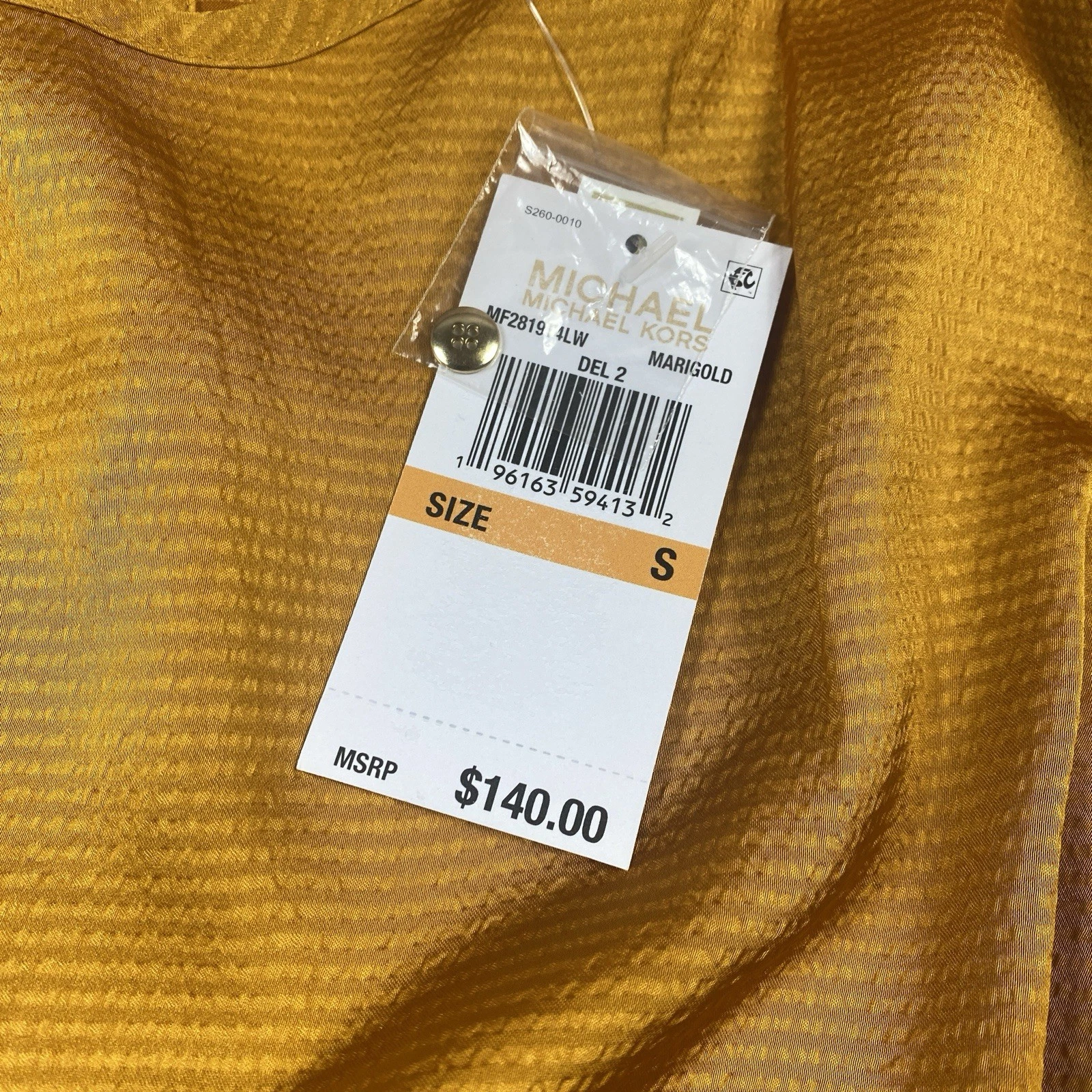 Abito Michael Kors donna S calendula oro avvolgente testurizzato manica a palloncino raso